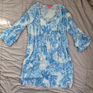Lilly Pulitzer Azita Tunic Dress, Medium, Blue & White "Toile Me About It," EUC